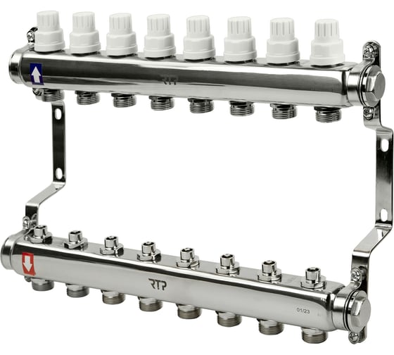 Изображение товара Коллекторная группа с ручными регулирующими клапанами и кронштейном RTP (евроконус 3/4") нержавеющая сталь sus 304 1"х8 выходов, 39463