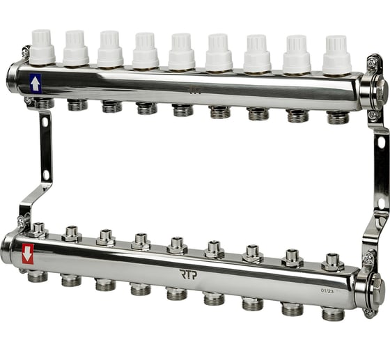 Изображение товара Коллекторная группа с ручными регулирующими клапанами и кронштейном RTP (евроконус 3/4") нержавеющая сталь sus 304 1"х9 выходов, 39464