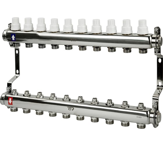 Изображение товара Коллекторная группа с ручными регулирующими клапанами и кронштейном RTP (евроконус 3/4") нержавеющая сталь sus 304 1"х10 выходов, 39465