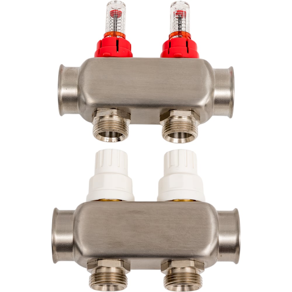 Изображение товара Коллекторная группа с расходометром и кронштейном RTP (евроконус 3/4") нержавеющая сталь sus 304 1"х 2 выхода, 39411