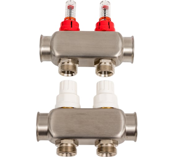 Изображение товара Коллекторная группа с расходометром и кронштейном RTP (евроконус 3/4") нержавеющая сталь sus 304 1"х 2 выхода, 39411