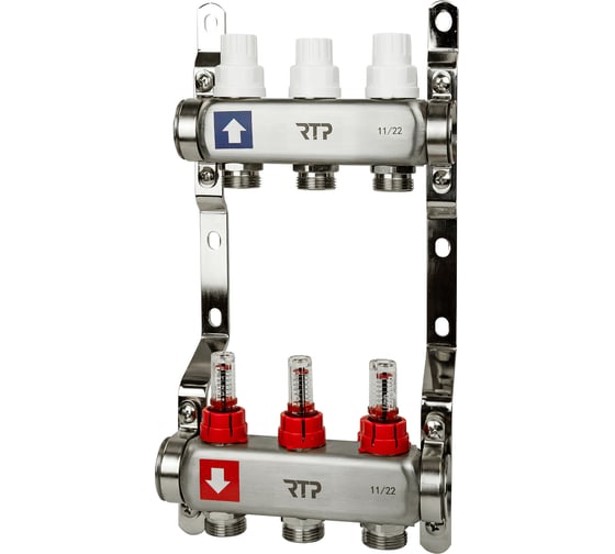 Изображение товара Коллекторная группа с расходометром и кронштейном RTP (евроконус 3/4") нержавеющая сталь sus 304 1"х 3 выхода, 39414