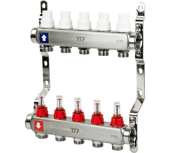 Изображение товара Коллекторная группа с расходометром и кронштейном RTP (евроконус 3/4") нержавеющая сталь sus 304 1"х 5 выходов, 39420