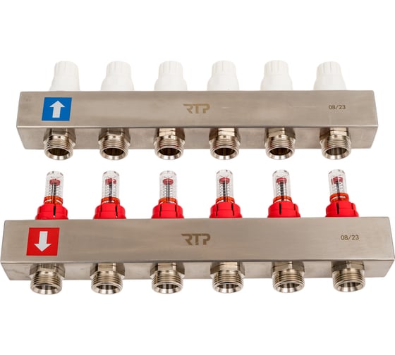 Изображение товара Коллекторная группа с расходометром и кронштейном RTP (евроконус 3/4") нержавеющая сталь sus 304 1"х 6 выходов, 39422