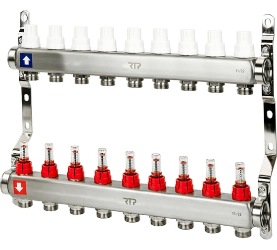 Изображение товара Коллекторная группа с расходометром и кронштейном RTP (евроконус 3/4") нержавеющая сталь sus 304 1"х 9 выходов, 39427