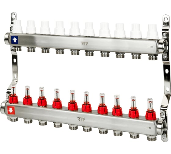 Изображение товара Коллекторная группа с расходометром и кронштейном RTP (евроконус 3/4") нержавеющая сталь sus 304 1"х10 выходов, 39429