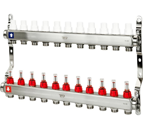 Изображение товара Коллекторная группа с расходометром и кронштейном RTP (евроконус 3/4") нержавеющая сталь sus 304 1"х11 выходов, 39407