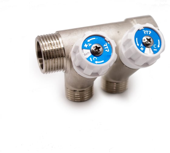 Изображение товара Коллектор с вентилями RTP латунь, наружная резьба, 3/4"х1/2"х2, никелированный, 39505