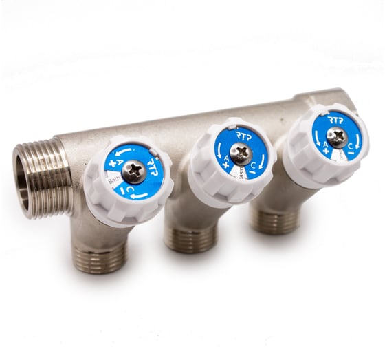 Изображение товара Коллектор с вентилями RTP латунь, наружная резьба, 1"х3/4"х3, никелированный, 39509
