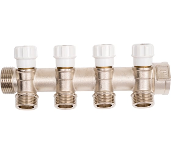 Изображение товара Коллектор с вентилями RTP латунь, наружная резьба, 1"х3/4"х4, никелированный, 39510