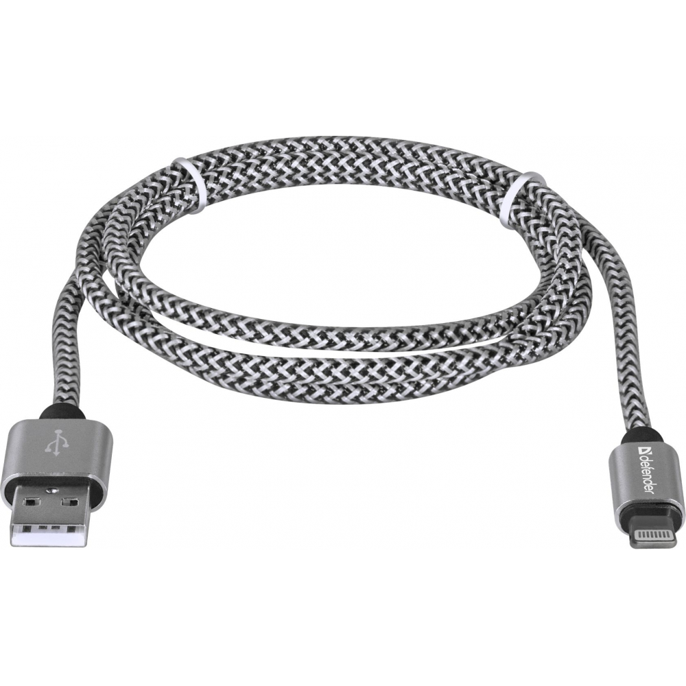 фото Usb кабель defender ach01-03t pro usb2.0 белый, am-lightningm, 1m, 2.1a 87809