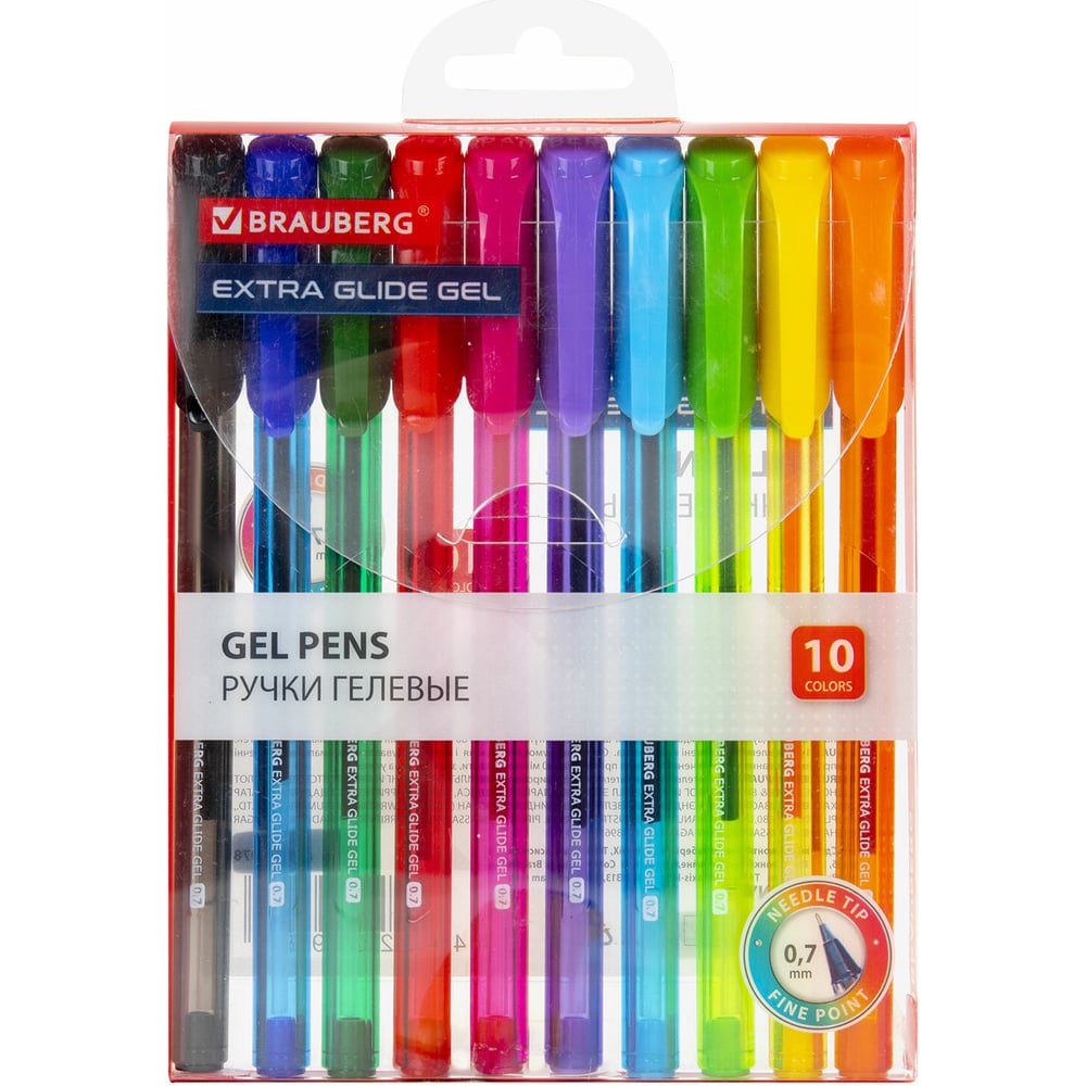 Изображение товара Гелевые ручки BRAUBERG extra glide gel 10 цветов, трехгранные, игольчатый наконечник 0.7 мм, линия 0.5 мм 144079