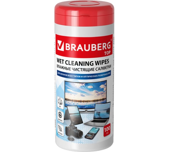 Изображение товара Салфетки для экранов всех типов и оптики BRAUBERG топ 13x17 см, туба 100 шт., влажные 513812