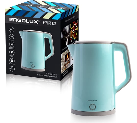 Изображение товара Чайник Ergolux Elx-ks12-c13 голубой pro нержавеющая сталь/пластик, 1.8 л, 220-240 В, 2200 Вт 15330