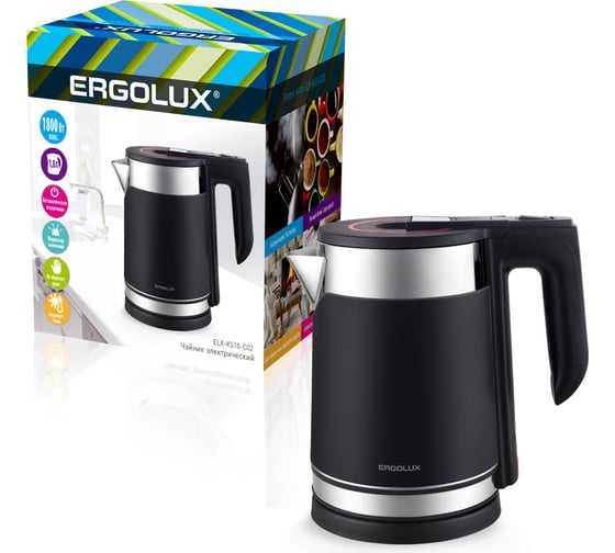 Изображение товара Чайник Ergolux Elx-ks10-c02 черный, нержавеющая сталь/пластик, 1.8 л, 220-240 В, 1800 Вт 15328