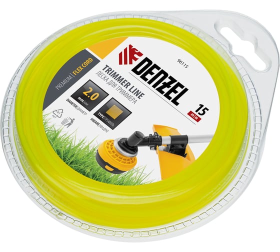 Изображение товара Леска для триммера квадрат 2 мм х 15 м блистер FLEX CORD DENZEL 96115
