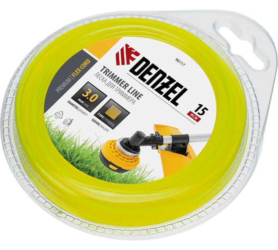 Изображение товара Леска для триммера квадрат 3 мм х 15 м блистер FLEX CORD DENZEL 96117