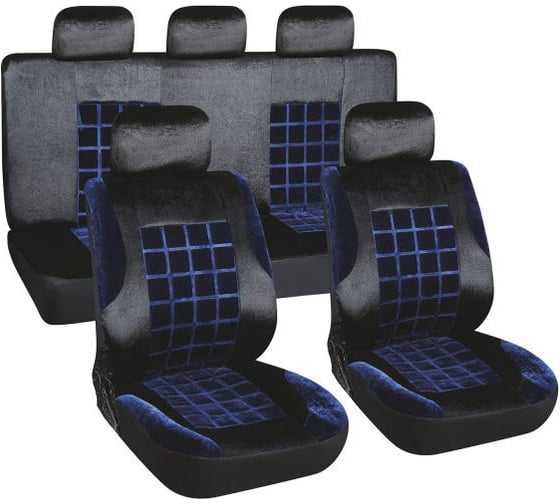 Изображение товара Чехлы сиденья SKYWAY Velvet-1 велюр, 9 предметов, черно/синий S01301155