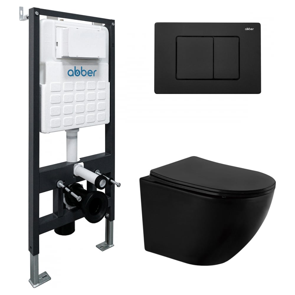 Изображение товара Комплект подвесной унитаз Bequem AC1100MB с инсталляцией и черной матовой кнопкой