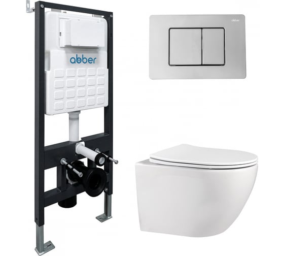 Изображение товара Комплект ABBER подвесной унитаз Bequem AC1100 белый с инсталляцией AC0105 и кнопкой AC0120 хром AC1100-AC0105-AC0120
