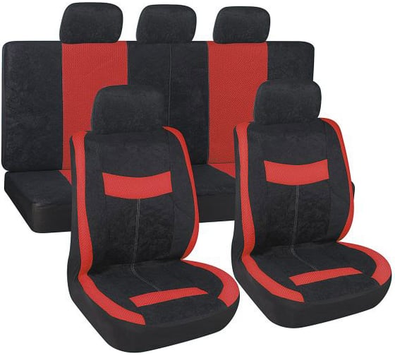 Изображение товара Чехлы сиденья SKYWAY Velvet-2 велюр/сетка, 9 предметов, черно/красный S01301151