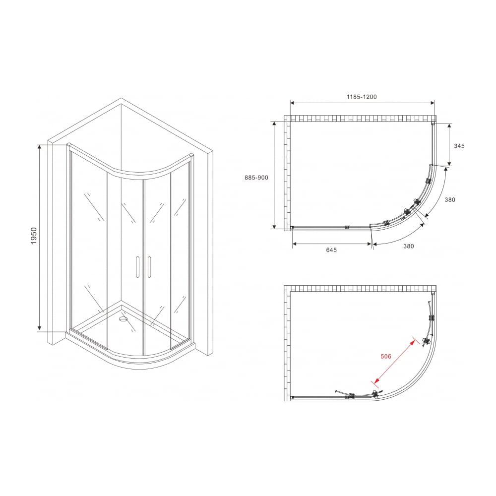Изображение товара Душевой уголок ABBER Schwarzer Diamant AG01129M полукруглый хром стекло 1200х900 мм