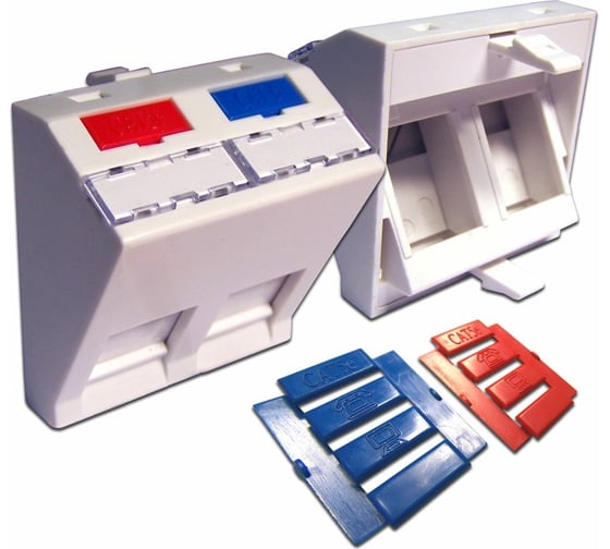 Изображение товара Вставка LANMASTER 45x45 на 2кейстоуна угловая со шторкой маркировкой иконками, белая, LAN-SIP-24A-WH
