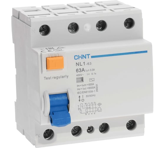 Изображение товара Выключатель дифференциального тока (УЗО) CHINT 4п 63А 300мА тип AC 6кА NL1-63 (R) 200231