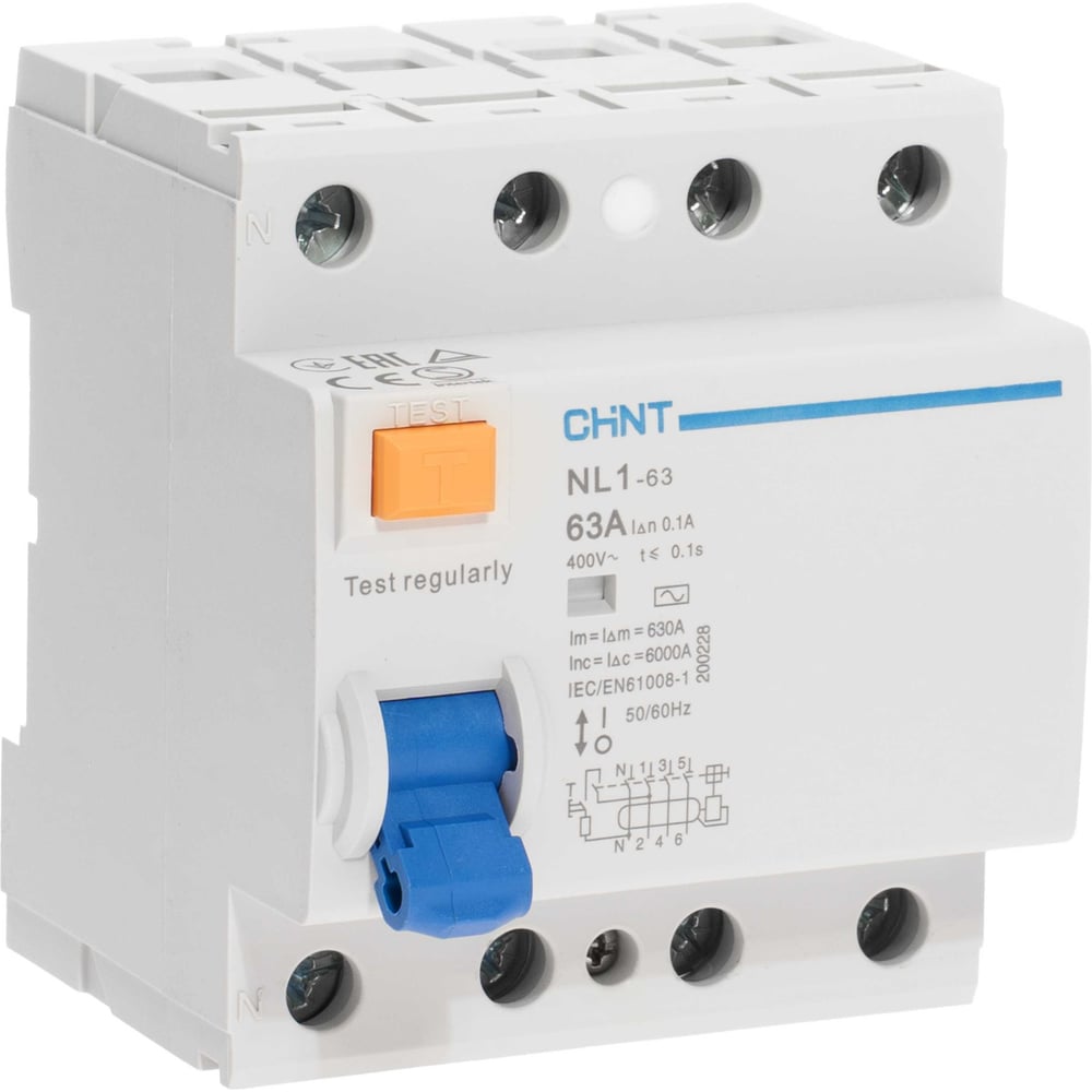Изображение товара Выключатель дифференциального тока УЗО CHINT NL1-63 (R) 63А 100мА монтаж на DIN-рейку