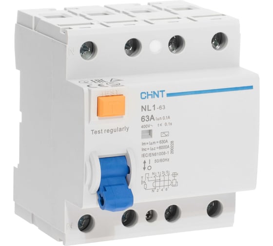 Изображение товара Выключатель дифференциального тока (УЗО) CHINT 4п 63А 100мА тип AC 6кА NL1-63 (R) 200228