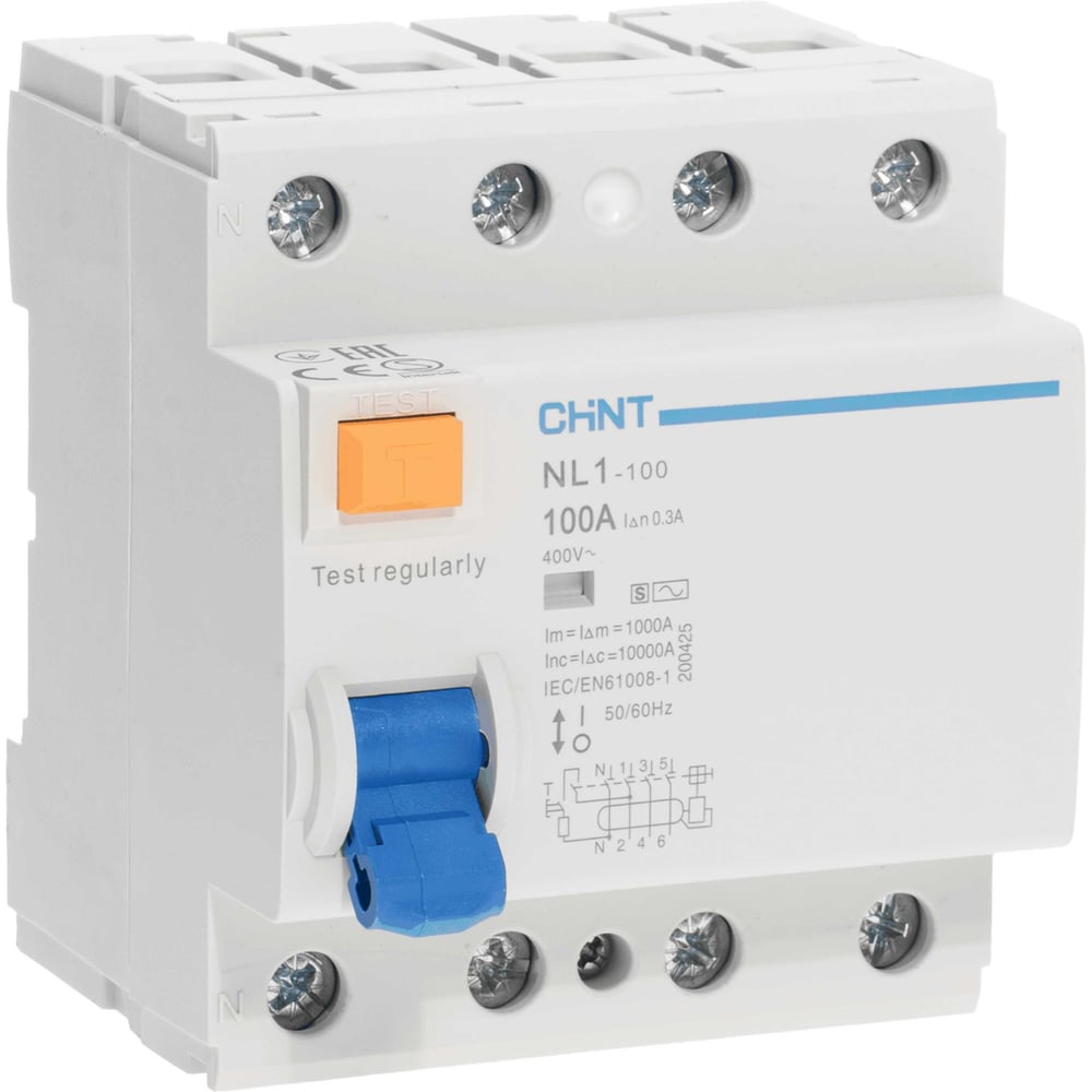 Изображение товара Выключатель дифференциального тока CHINT NL1-100 S 100А 300мА для монтажа на DIN-рейку
