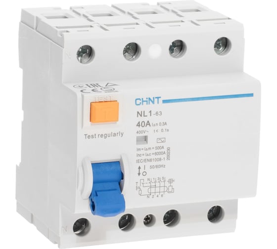 Изображение товара Выключатель дифференциального тока (УЗО) CHINT 4п 40А 300мА тип AC 6кА NL1-63 (R) 200230