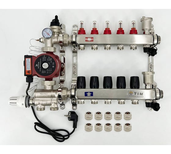 Изображение товара Комплект для водяного теплого пола с насосом: Коллектор 5 выходов с расходомерами + смесительный узел JH-1036 + циркуляционный насос 25-60 130 + коллекторный фитинг - (до 70 кв.м.) TIM KCS5005 + JH-1036 + AM-XPS25-6-130