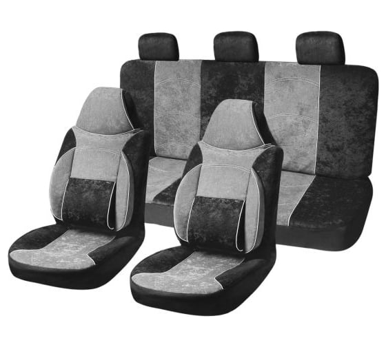 Изображение товара Чехлы на сиденья SKYWAY Protect-1 велюр, 9 предметов, черно/серый S01301033