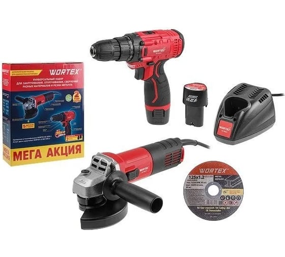 Изображение товара Набор электроинструмента WORTEX одноручная ушм, аккумуляторная дрель-шуруповерт, в коробке 1329386