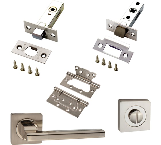 Изображение товара Комплект для межкомнатной двери PAULINIDOR 514-02, защелка 5-45, завертка AL 02, задвижка BK 45, петли 2 шт., никель матовый 514-025-45AL02BK452SSN