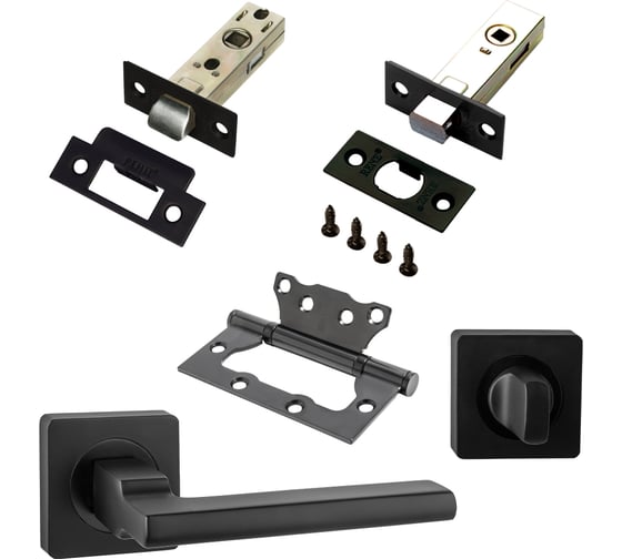 Изображение товара Комплект для межкомнатной двери PAULINIDOR 514-02, защелка 5-45, завертка AL 02, задвижка BK 45, петли 2 шт., черный 514-035-45AL03BK452SBL