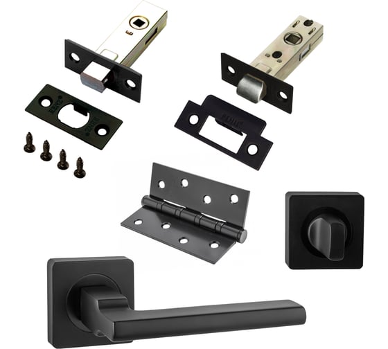 Изображение товара Комплект для межкомнатной двери PAULINIDOR 514-02, защелка 5-45+ завертка AL 02, задвижBK 45, врез петли 2 шт., черный 514-035-45AL03BK454SBL