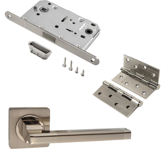 Изображение товара Комплект для межкомнатной двери PAULINIDOR 514-02, сантех. магнитная защелка 5096, врез/петли 2 шт., никель матовый 514-0250964SSN