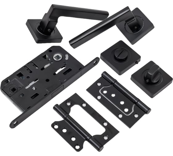 Изображение товара Комплект для межкомнатной двери PAULINIDOR 514-02, сантех. магнитная защелка 5096, заверт AL 02, петли 2 шт., черный 514-035096AL032SBL