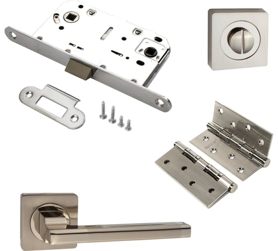 Изображение товара Комплект для межкомнатной двери PAULINIDOR 514-02, сантех. защелка 96 PL, завертка AL 02, врез. петли 2 шт., никель матовый 514-0296PLAL024SSN