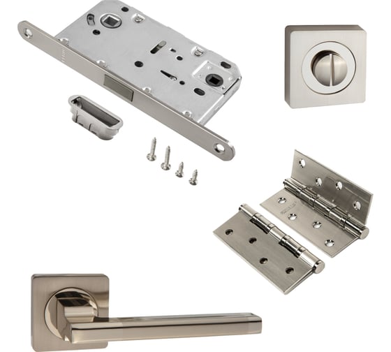 Изображение товара Комплект для межкомнатной двери PAULINIDOR 514-02, сантех. магнитная защелка 5096+ завертка AL02, врез петли 2 шт., никель матовый 514-025096AL024SSN