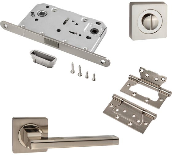 Изображение товара Комплект для межкомнатной двери PAULINIDOR 514-02, сантех. магнитная защелка 5096, заверт AL 02, петли 2 шт., никель матовый 514-025096AL022SSN