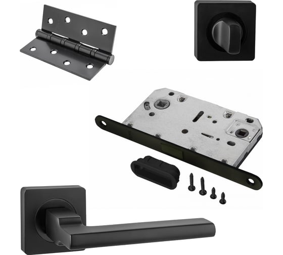 Изображение товара Комплект для межкомнатной двери PAULINIDOR 514-02, сантех. магнитная защелка 5096, заверт AL 02, врезные петли 2 шт., черный 514-035096AL034SBL