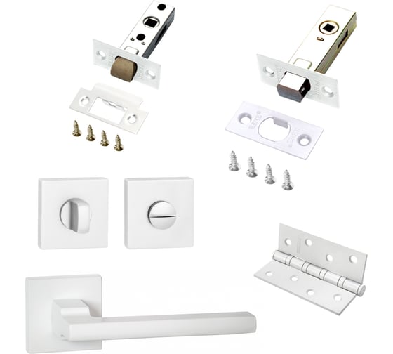 Изображение товара Комплект для межкомнатной двери PAULINIDOR 514-03, защелка 5-45, завертка AL 03, задвижка BK 45, врезные петли 2 шт., белый 514-035-45AL03BK454SMSW