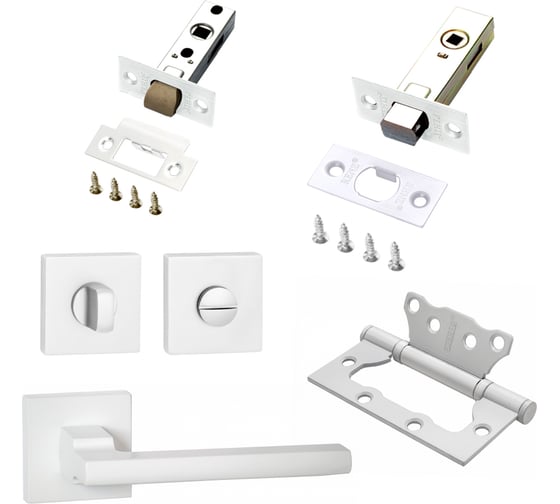 Изображение товара Комплект для межкомнатной двери PAULINIDOR 514-03, защелка 5-45, завертка AL 03, задвижка BK 45, петли 2 шт., белый 514-035-45AL03BK452SMSW