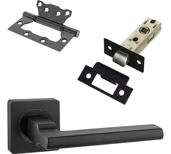 Изображение товара Комплект для межкомнатной двери PAULINIDOR ручки 514-02, защелка 5-45, петли 2 шт., черный 514-035-452SBL