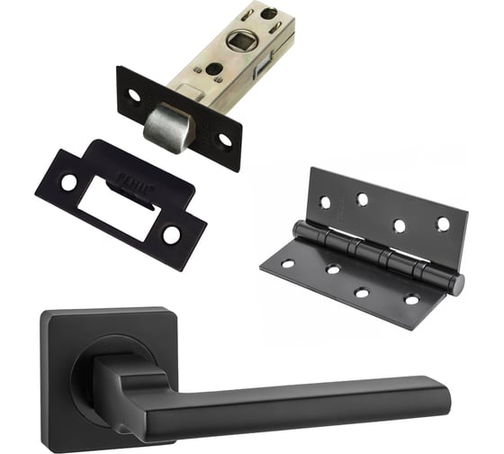 Изображение товара Комплект для межкомнатной двери PAULINIDOR ручки 514-02, защелка 5-45, врезные петли 2 шт., черный 514-035-454SBL