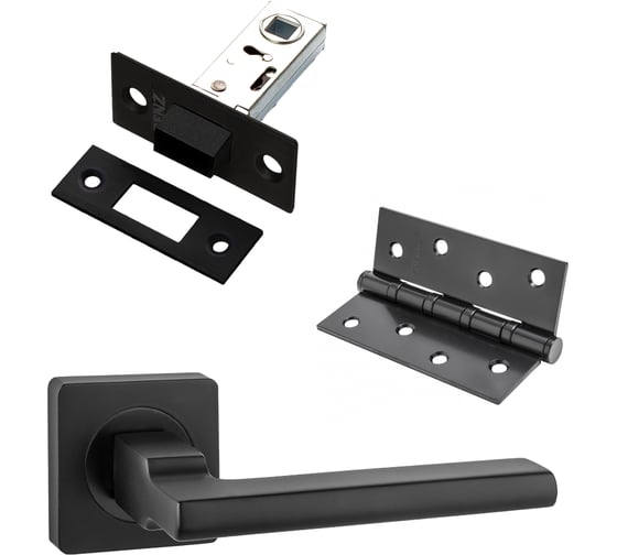 Изображение товара Комплект для межкомнатной двери PAULINIDOR ручки 514-02, защелка магнитная 5-50, врезные петли 2 шт., черный 514-035-504SBL