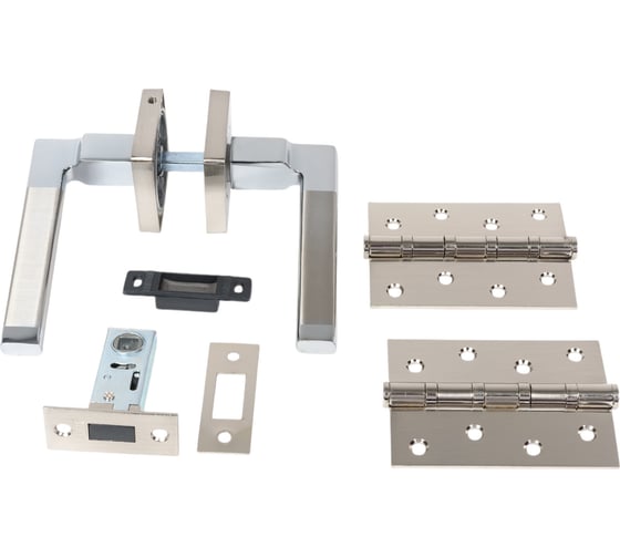 Изображение товара Комплект для межкомнатной двери PAULINIDOR ручки 514-02, защелка магнитная 5-50, врезные петли 2 шт., никель матовый 514-025-504SSN